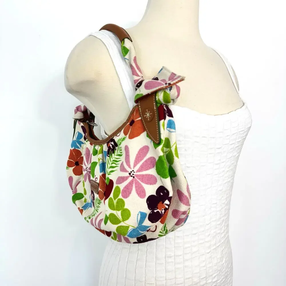 Longchamp Floral Canvas Leather Trim Shoulder Bag Baguette Made in France